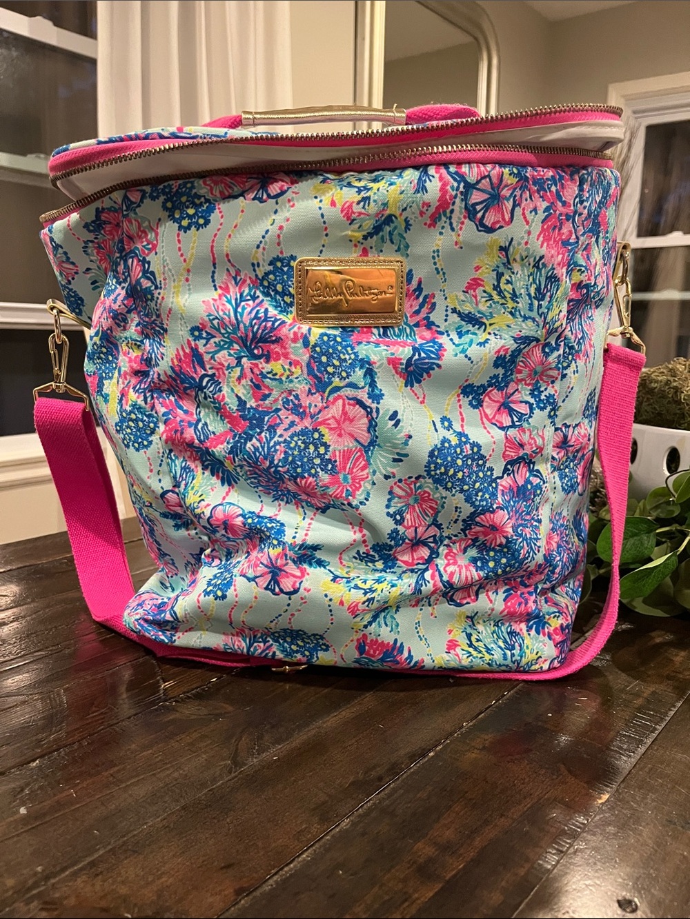 Lilly Pulitzer Aqua Floral Travel Cooler with Pink Strap